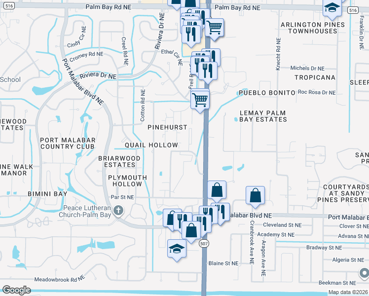 map of restaurants, bars, coffee shops, grocery stores, and more near 1625 Sunny Brook Lane in Palm Bay