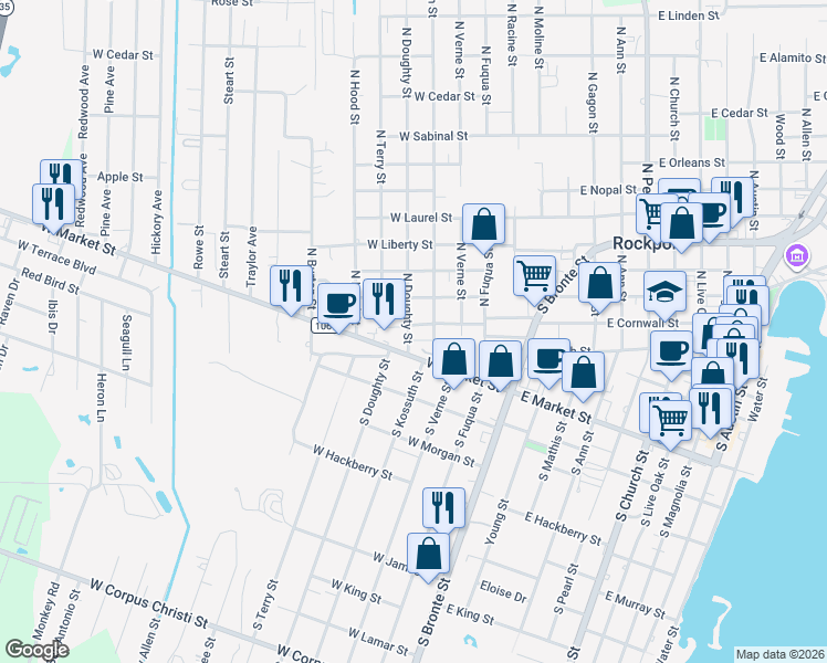 map of restaurants, bars, coffee shops, grocery stores, and more near 2 Oak Alley in Rockport