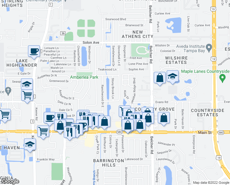 map of restaurants, bars, coffee shops, grocery stores, and more near 1249 Stony Brook Lane in Dunedin