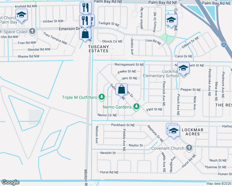 map of restaurants, bars, coffee shops, grocery stores, and more near 200 Salmon Drive Northeast in Palm Bay