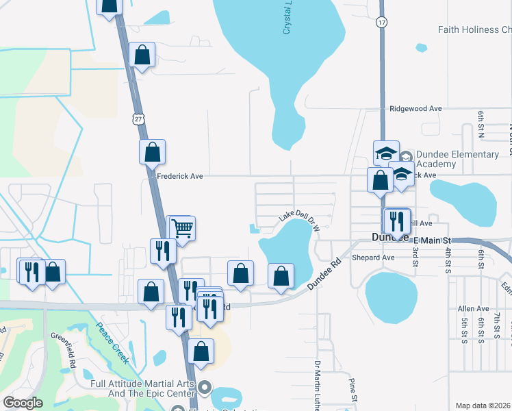 map of restaurants, bars, coffee shops, grocery stores, and more near Green Haven Road West in Dundee