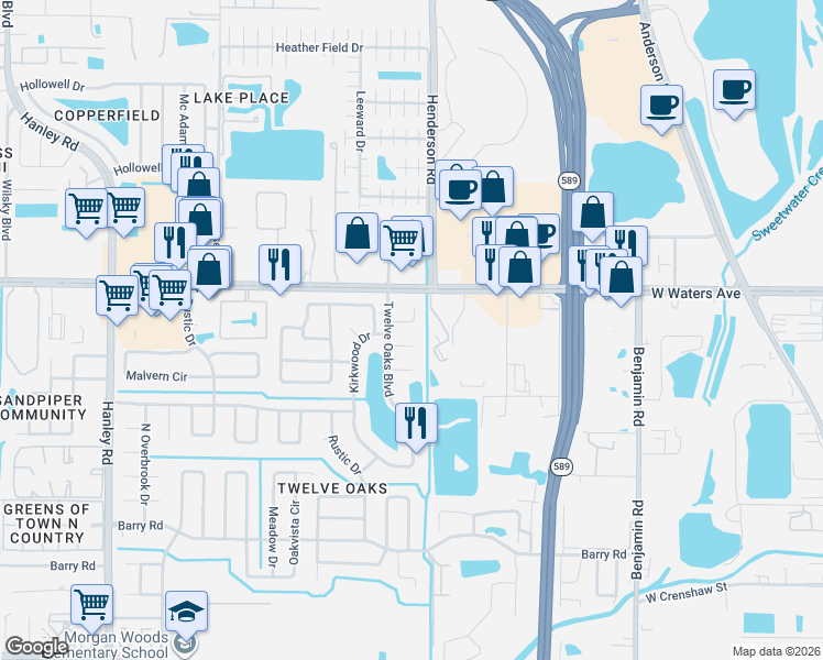 map of restaurants, bars, coffee shops, grocery stores, and more near 6414 Windwood Court in Tampa