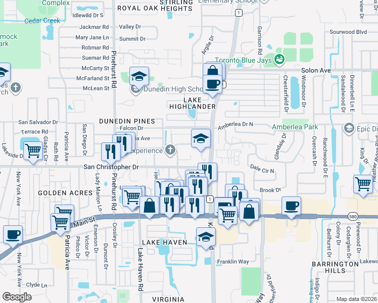 map of restaurants, bars, coffee shops, grocery stores, and more near 1512 Cascade Court in Dunedin