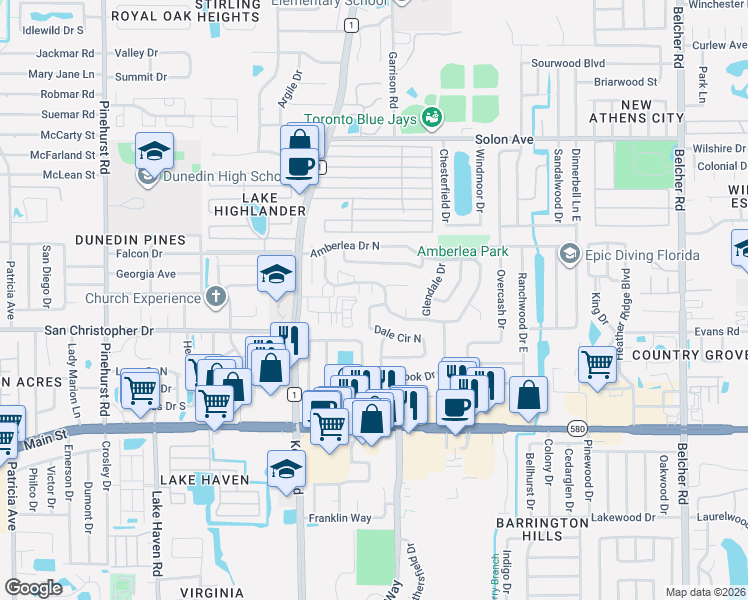 map of restaurants, bars, coffee shops, grocery stores, and more near 1611 Amberglen Drive in Dunedin