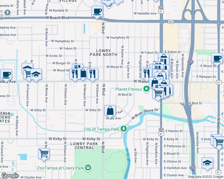 map of restaurants, bars, coffee shops, grocery stores, and more near 709 West Juneau Street in Tampa