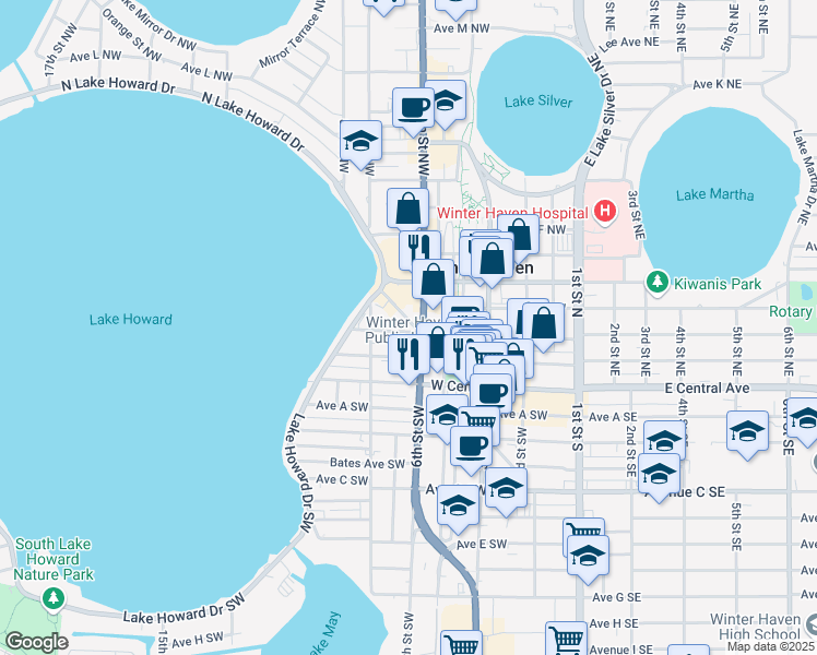 map of restaurants, bars, coffee shops, grocery stores, and more near in Winter Haven