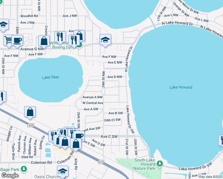 map of restaurants, bars, coffee shops, grocery stores, and more near 2228 Avenue B Southwest in Winter Haven