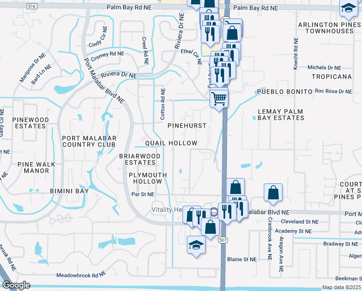 map of restaurants, bars, coffee shops, grocery stores, and more near 1055 Hooper Avenue Northeast in Palm Bay