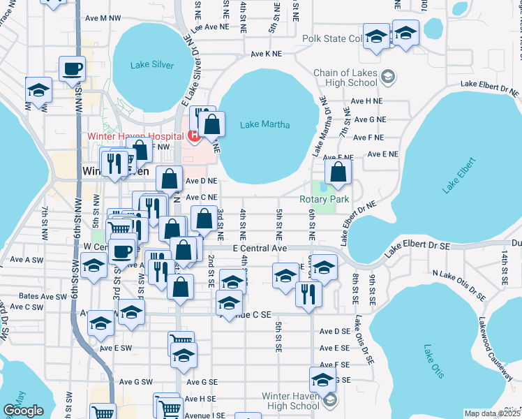 map of restaurants, bars, coffee shops, grocery stores, and more near 434 Avenue C Northeast in Winter Haven