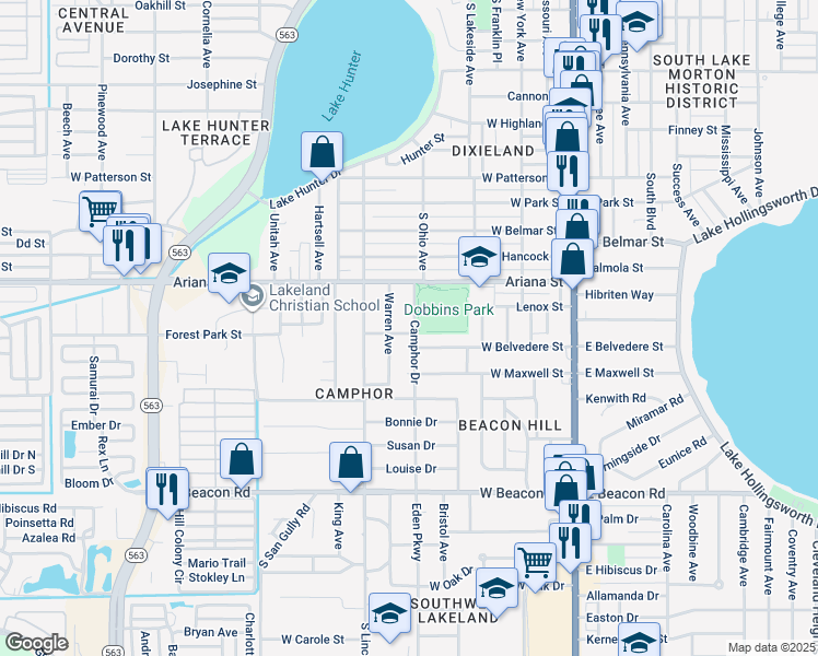 map of restaurants, bars, coffee shops, grocery stores, and more near 1530 Camphor Drive in Lakeland