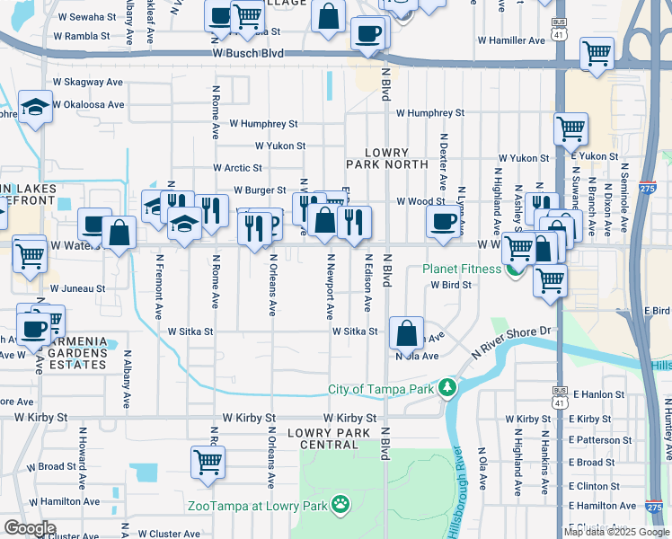 map of restaurants, bars, coffee shops, grocery stores, and more near 8313 North Newport Avenue in Tampa