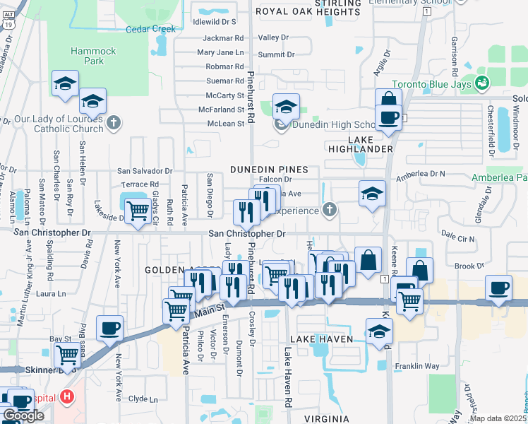 map of restaurants, bars, coffee shops, grocery stores, and more near 1463 Pinehurst Road in Dunedin