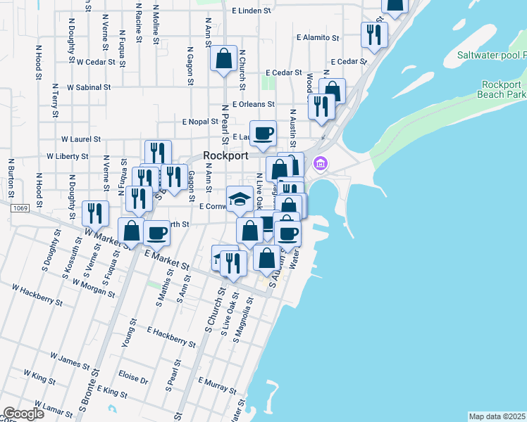 map of restaurants, bars, coffee shops, grocery stores, and more near 138 North Live Oak Street in Rockport