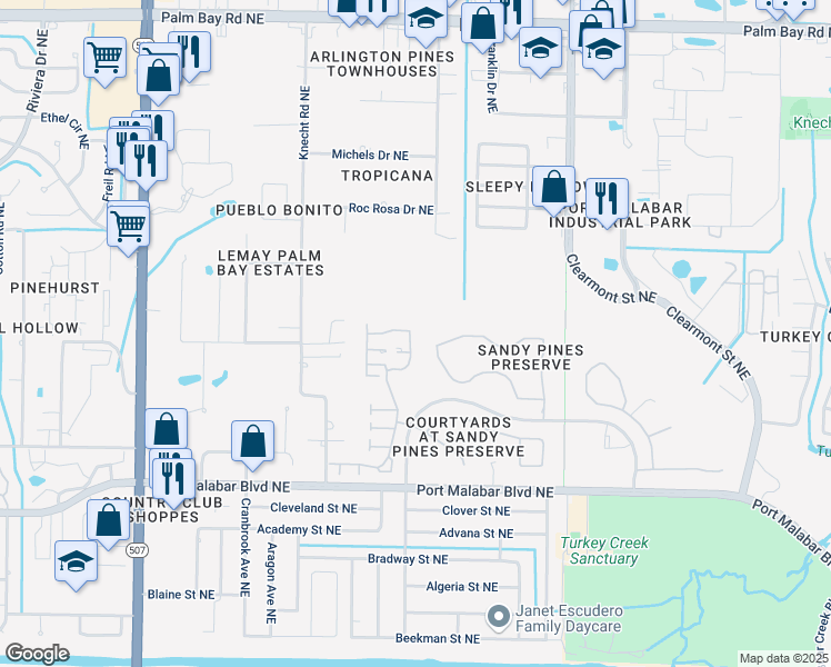 map of restaurants, bars, coffee shops, grocery stores, and more near 1109 Goldenrod Circle Northeast in Palm Bay
