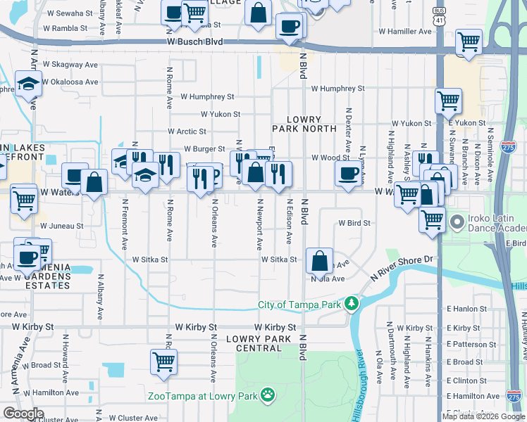 map of restaurants, bars, coffee shops, grocery stores, and more near 8313 North Newport Avenue in Tampa