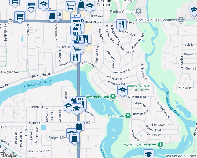 map of restaurants, bars, coffee shops, grocery stores, and more near 307 Fern Cliff Avenue in Temple Terrace