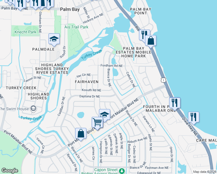 map of restaurants, bars, coffee shops, grocery stores, and more near 1106 Wild Rose Drive Northeast in Palm Bay