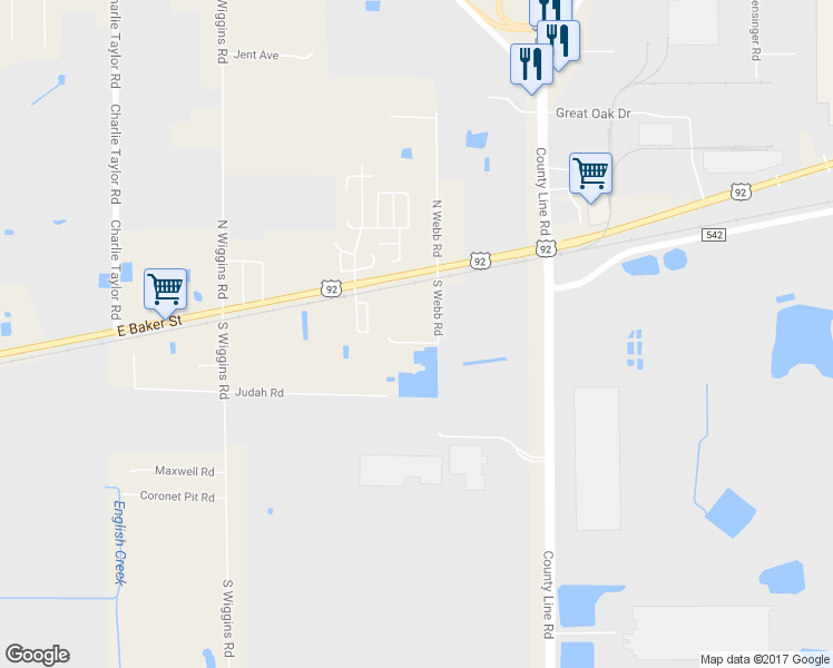 map of restaurants, bars, coffee shops, grocery stores, and more near 219 South Webb Road in Plant City