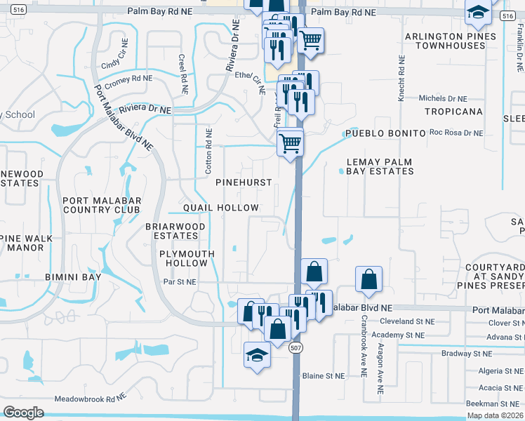 map of restaurants, bars, coffee shops, grocery stores, and more near 1657 Sunny Brook Lane in Palm Bay