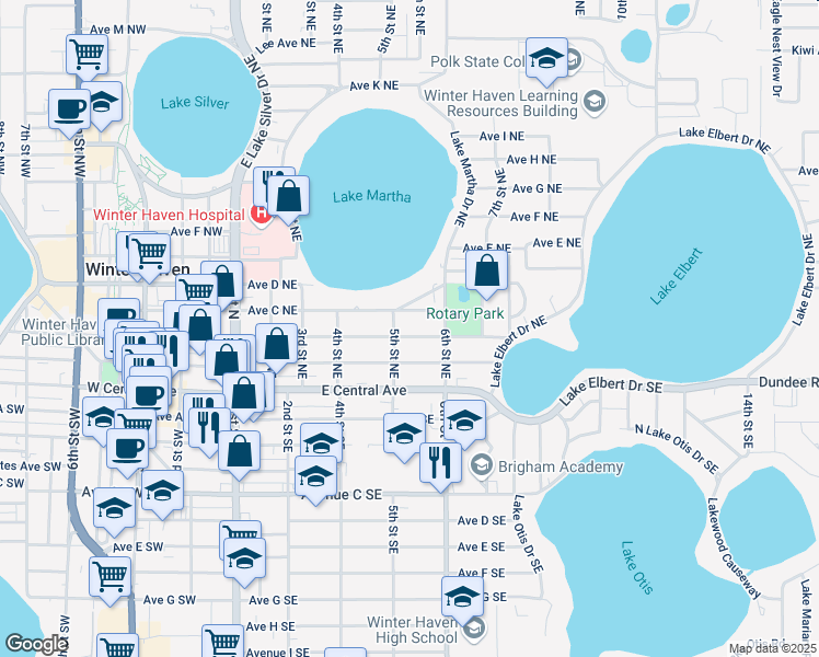 map of restaurants, bars, coffee shops, grocery stores, and more near 513 Avenue B Northeast in Winter Haven