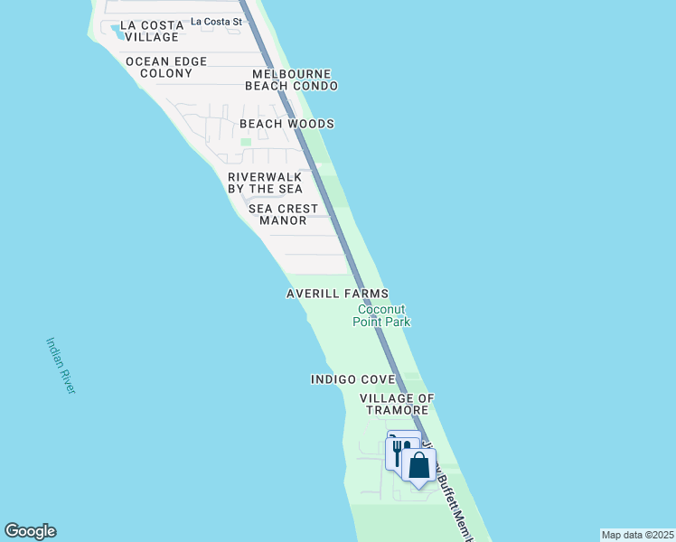 map of restaurants, bars, coffee shops, grocery stores, and more near 120 5th Street in Melbourne Beach