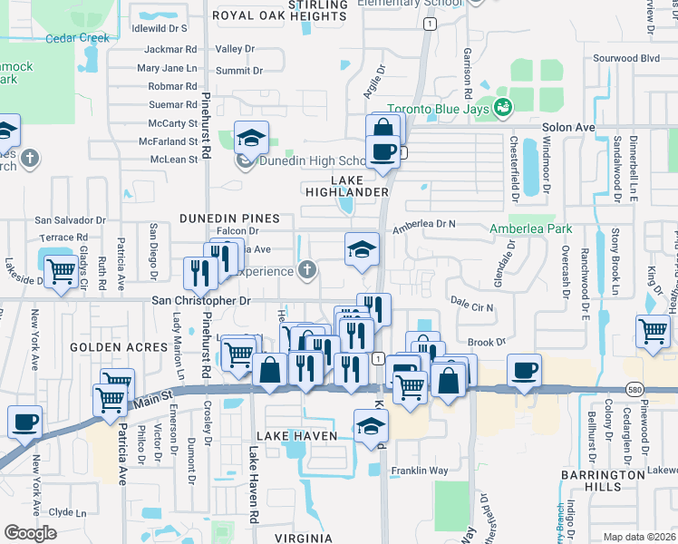 map of restaurants, bars, coffee shops, grocery stores, and more near 1485 Ohio Avenue in Dunedin