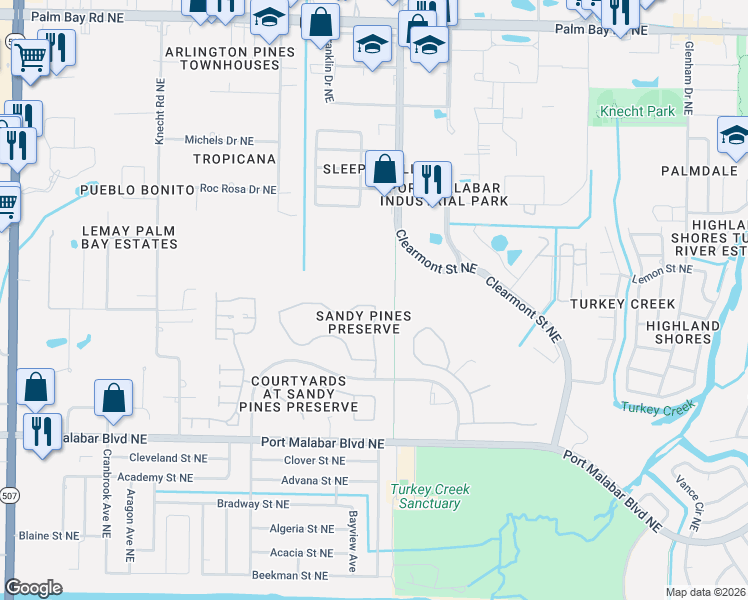 map of restaurants, bars, coffee shops, grocery stores, and more near 2230 Spring Creek Circle in Palm Bay