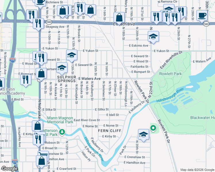 map of restaurants, bars, coffee shops, grocery stores, and more near 8307 North Semmes Street in Tampa