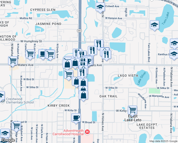 map of restaurants, bars, coffee shops, grocery stores, and more near 3706 West Waters Avenue in Tampa