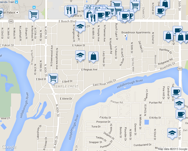 map of restaurants, bars, coffee shops, grocery stores, and more near 4705 East Regnas Avenue in Tampa
