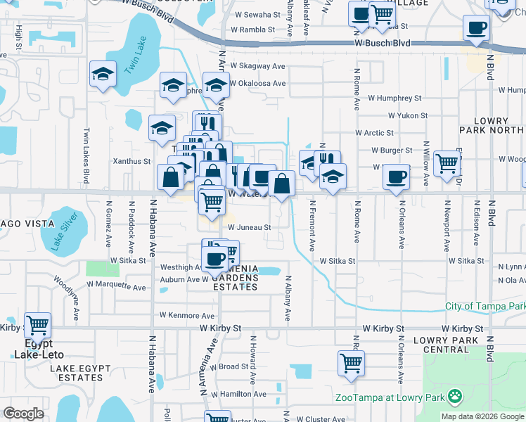 map of restaurants, bars, coffee shops, grocery stores, and more near 8312 North Saulray Street in Tampa