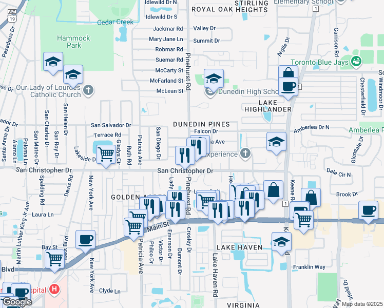 map of restaurants, bars, coffee shops, grocery stores, and more near 1463 Pinehurst Road in Dunedin