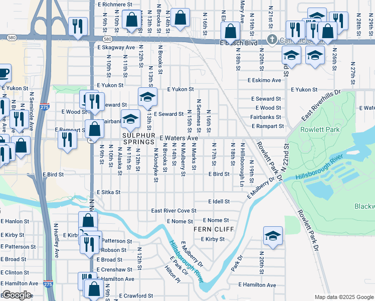 map of restaurants, bars, coffee shops, grocery stores, and more near 8307 North Mulberry Street in Tampa