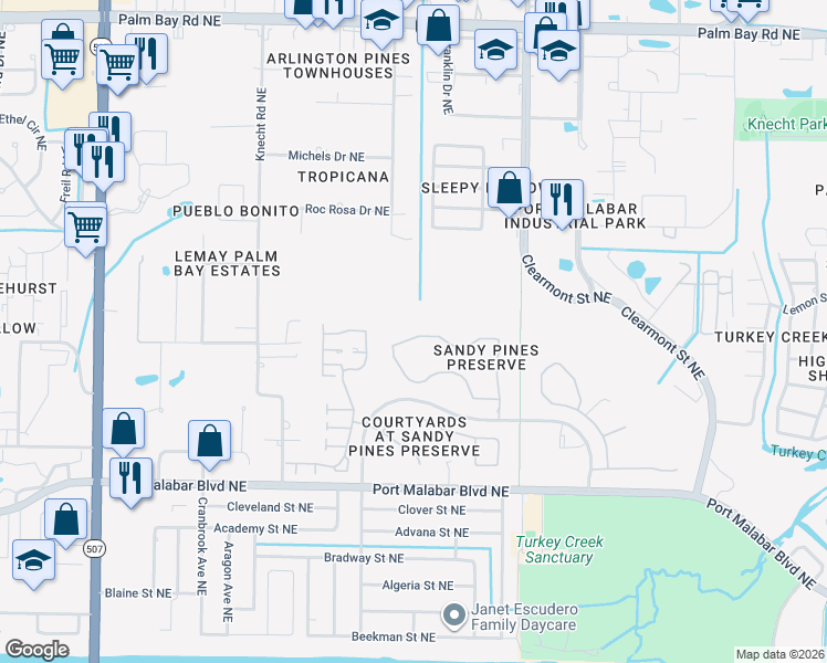 map of restaurants, bars, coffee shops, grocery stores, and more near 2182 Spring Creek Circle in Palm Bay