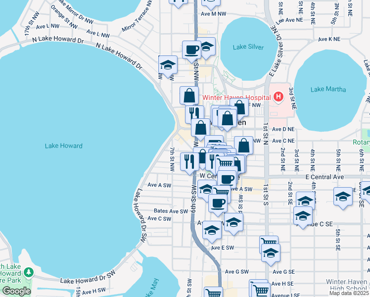 map of restaurants, bars, coffee shops, grocery stores, and more near in Winter Haven