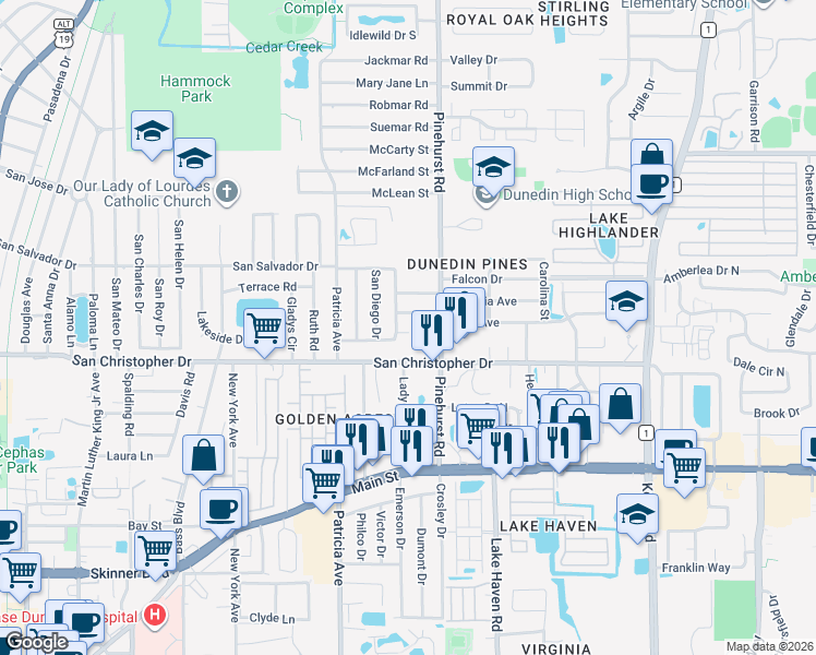 map of restaurants, bars, coffee shops, grocery stores, and more near 998 Santa Monica Court in Dunedin