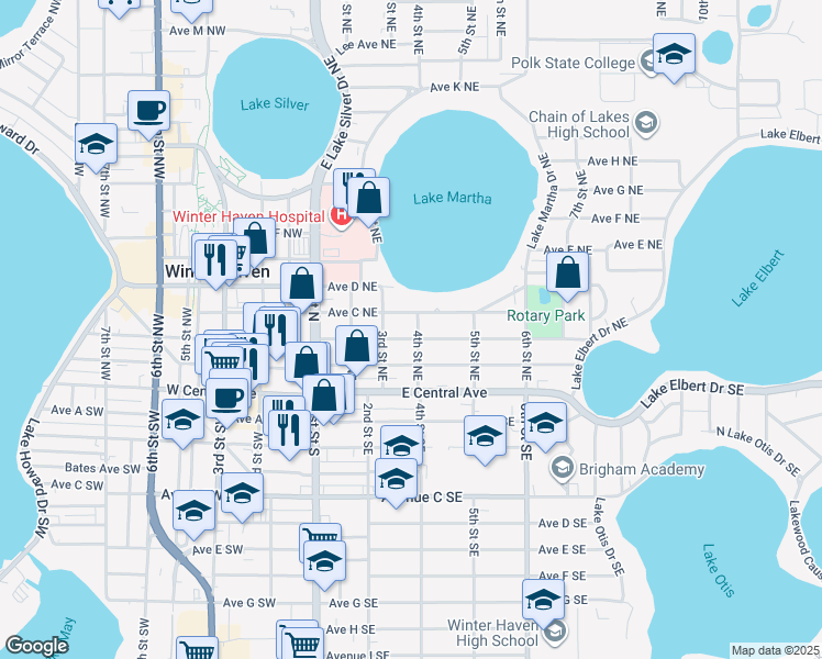 map of restaurants, bars, coffee shops, grocery stores, and more near 225 Bishop James Cochran Way in Winter Haven