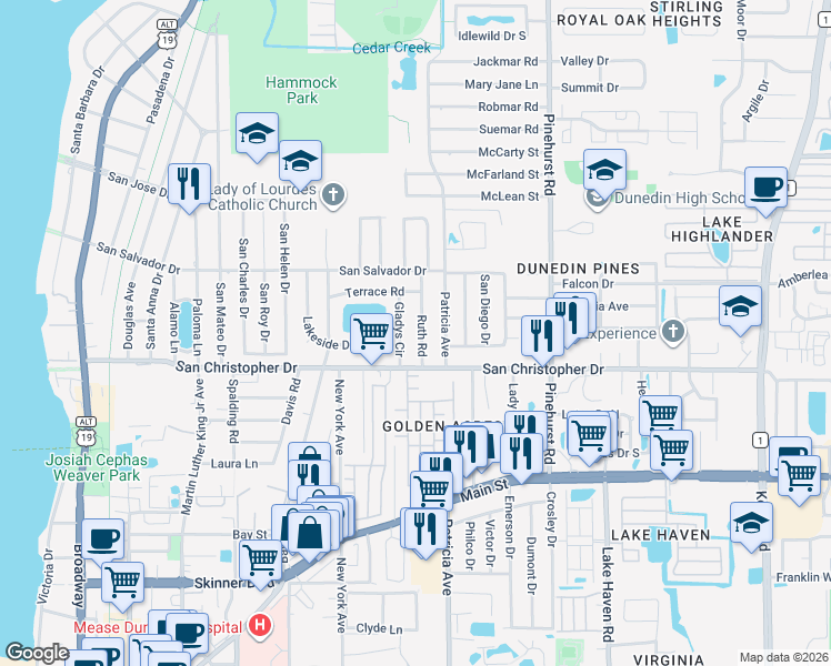map of restaurants, bars, coffee shops, grocery stores, and more near 1472 Gladys Circle in Dunedin