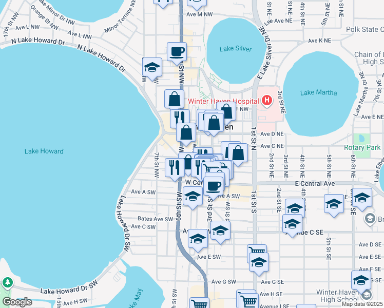 map of restaurants, bars, coffee shops, grocery stores, and more near 503 Avenue B Northwest in Winter Haven