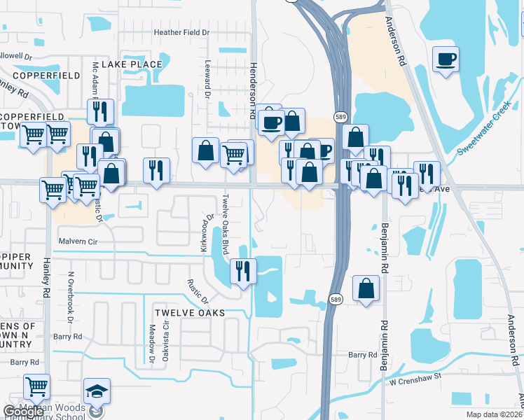 map of restaurants, bars, coffee shops, grocery stores, and more near 8122 Oak Trace Way in Tampa