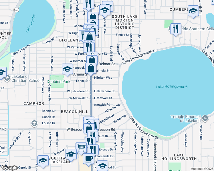 map of restaurants, bars, coffee shops, grocery stores, and more near 301 Patten Heights Street in Lakeland