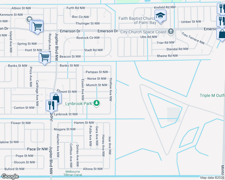 map of restaurants, bars, coffee shops, grocery stores, and more near 1055 Itzehoe Avenue Northwest in Palm Bay