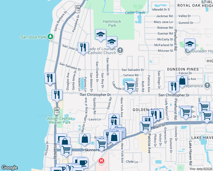 map of restaurants, bars, coffee shops, grocery stores, and more near 1470 San Helen Drive in Dunedin