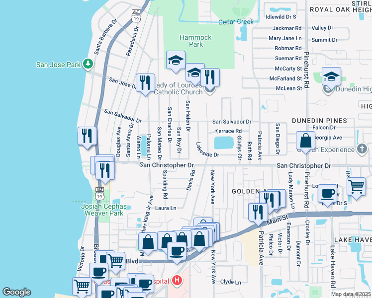 map of restaurants, bars, coffee shops, grocery stores, and more near 1470 San Helen Drive in Dunedin