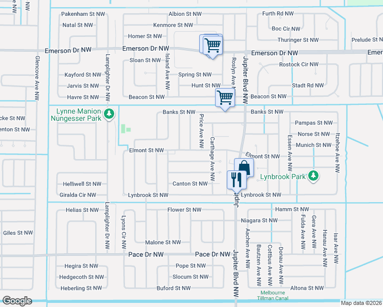 map of restaurants, bars, coffee shops, grocery stores, and more near 1022 Elmont Street Northwest in Palm Bay