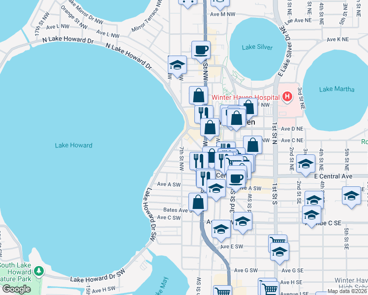 map of restaurants, bars, coffee shops, grocery stores, and more near 302 7th Street Northwest in Winter Haven