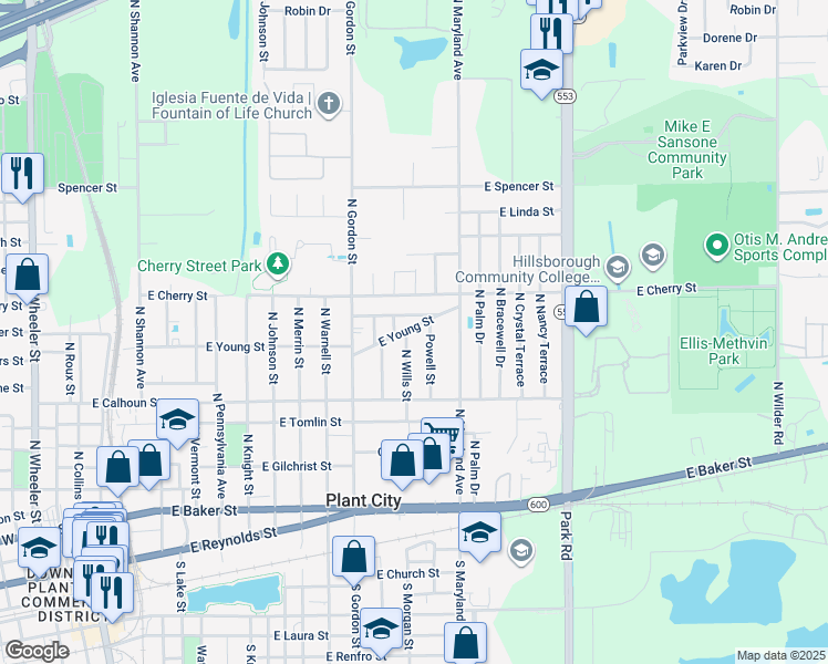 map of restaurants, bars, coffee shops, grocery stores, and more near 1402 East Young Street in Plant City