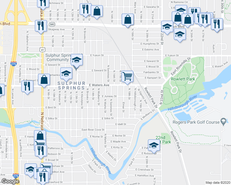 map of restaurants, bars, coffee shops, grocery stores, and more near 8307 North Semmes Street in Tampa