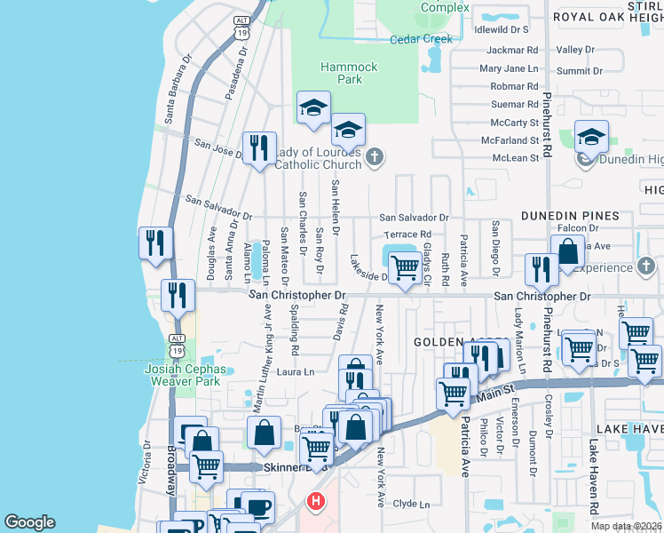 map of restaurants, bars, coffee shops, grocery stores, and more near 1470 San Helen Drive in Dunedin