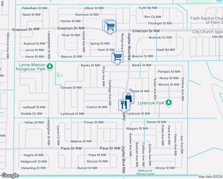 map of restaurants, bars, coffee shops, grocery stores, and more near 976 Elmont Street Northwest in Palm Bay